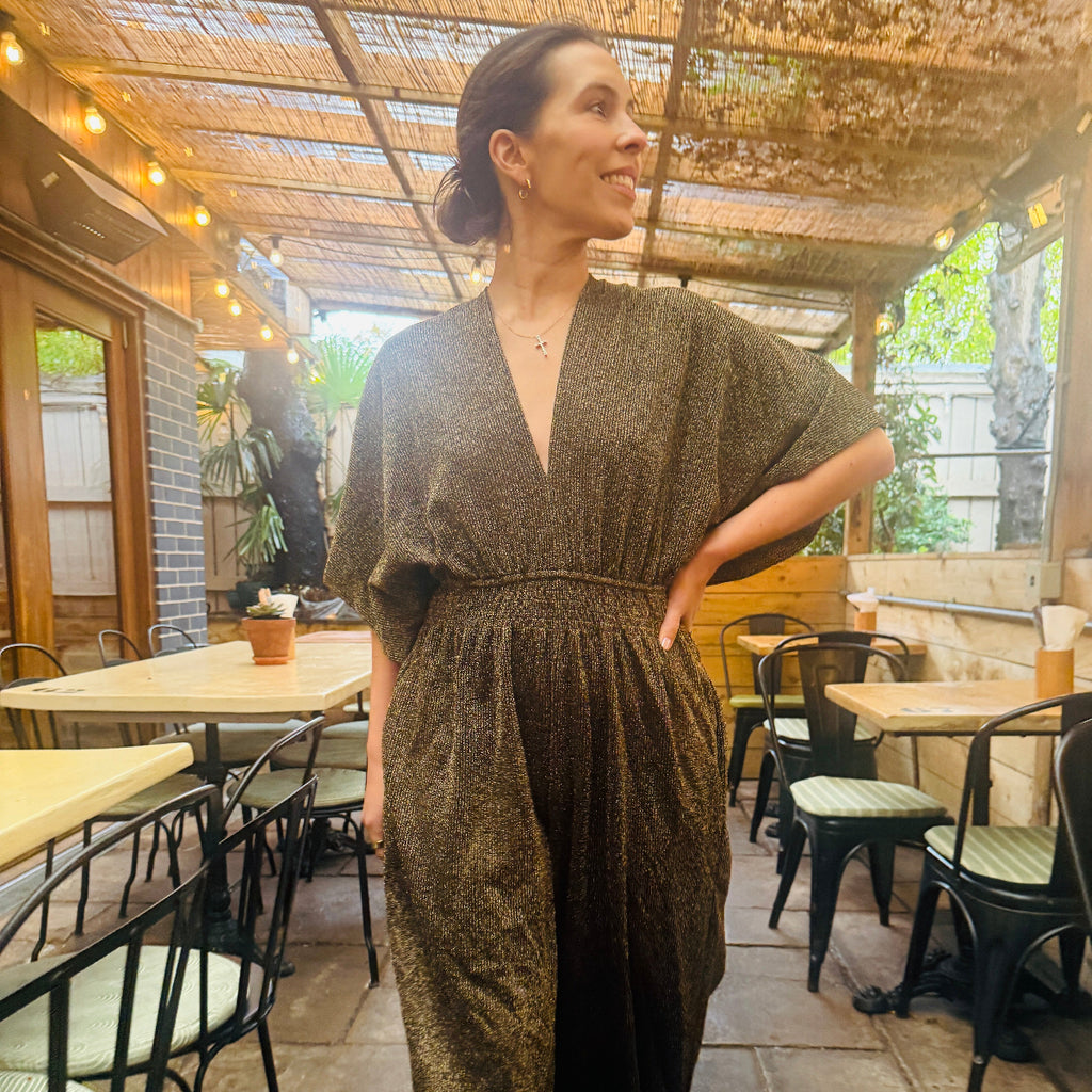 Disko Kids gold sparkly glitter wide leg v neck jumpsuit retro disco 