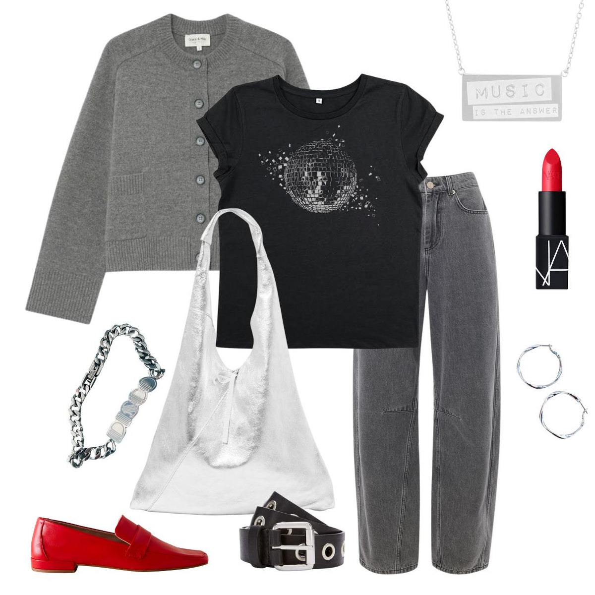 Womens black tshirt with silver discoball design - Disko Kids