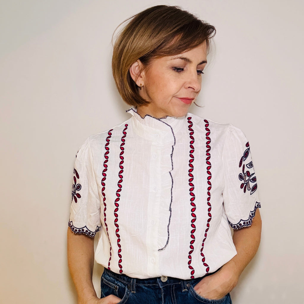 White Short Sleeve Embroidered Shirt