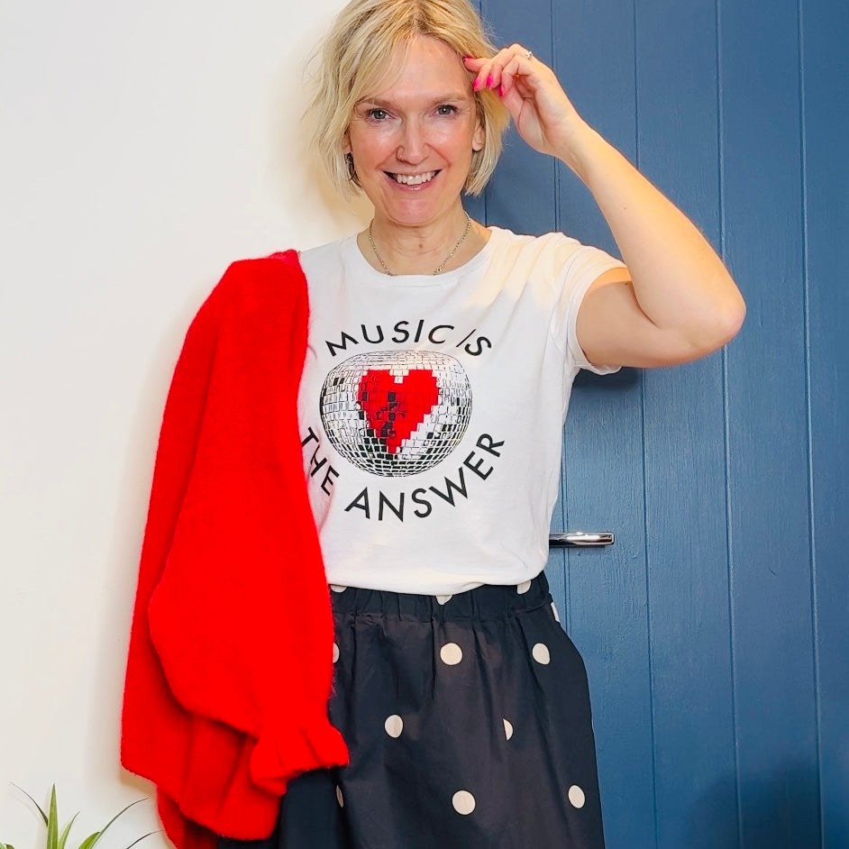 Music Is The Answer Disco Ball Candi Tshirt White