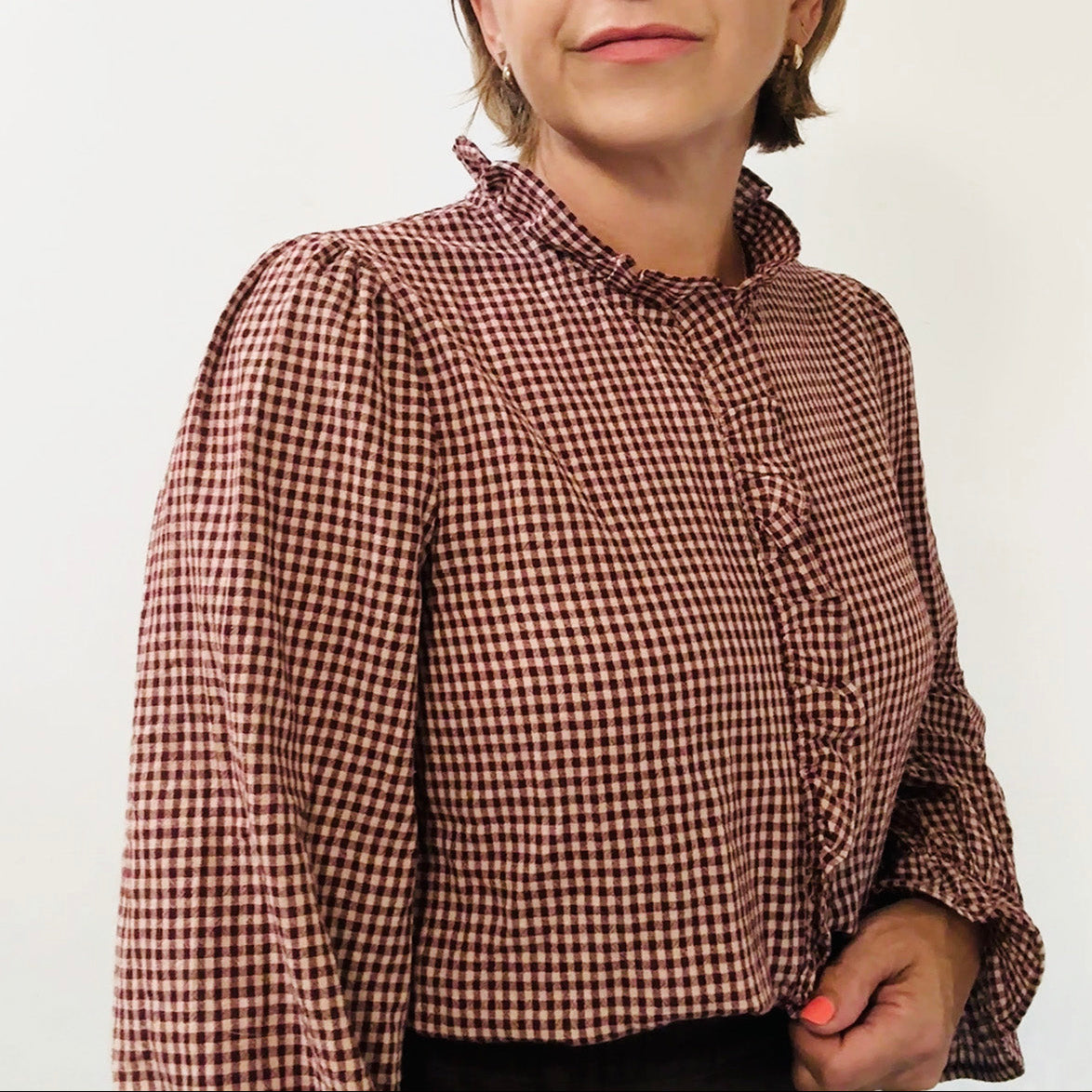 Burgundy & cream gingham ruffle blouse Disko Kids 