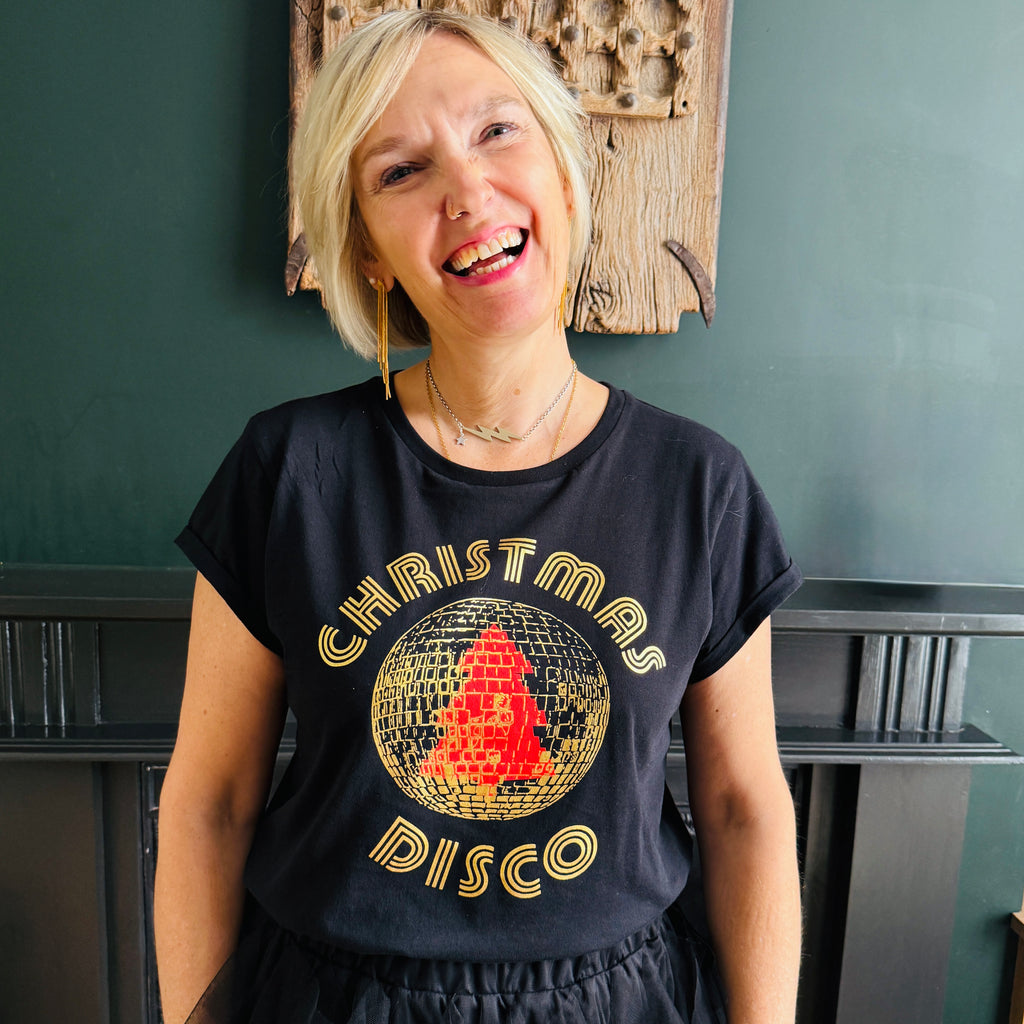 Disko Kids christmas disco tshirt disco ball tree black & gold womens partywear