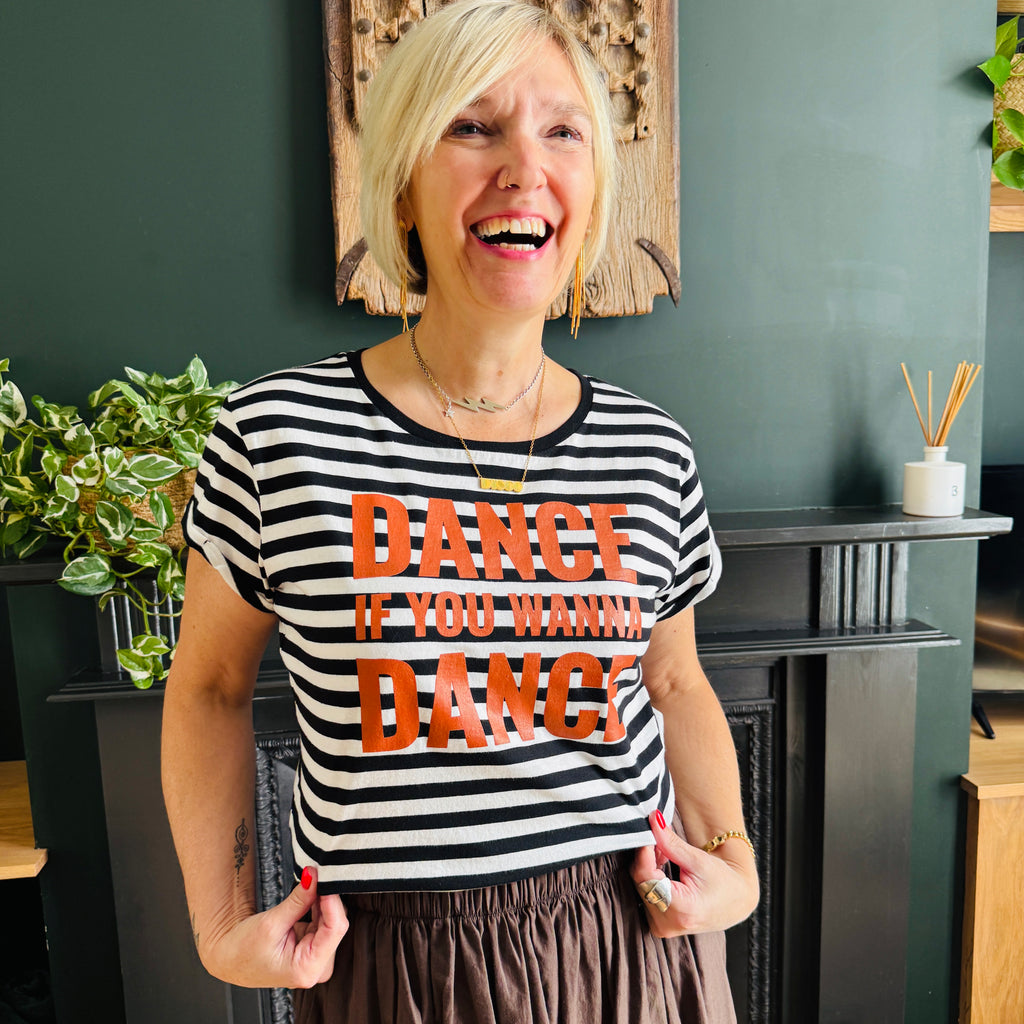Dance If You Wanna Dance STriped Tshirt inspired by Oasis music The Masterplan. Disko Kids glitter print finish. 