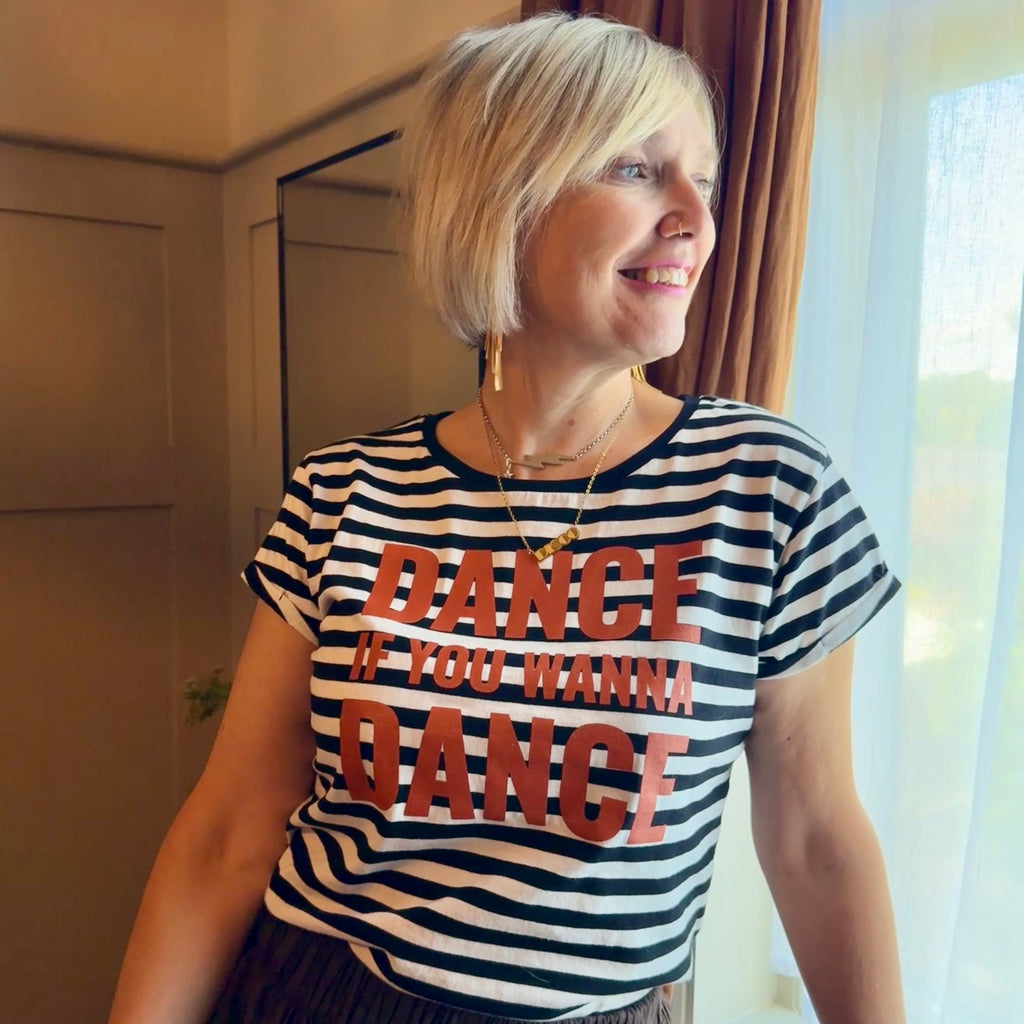 Dance If You Wanna Dance STriped Tshirt inspired by Oasis music The Masterplan. Disko Kids glitter print finish. 