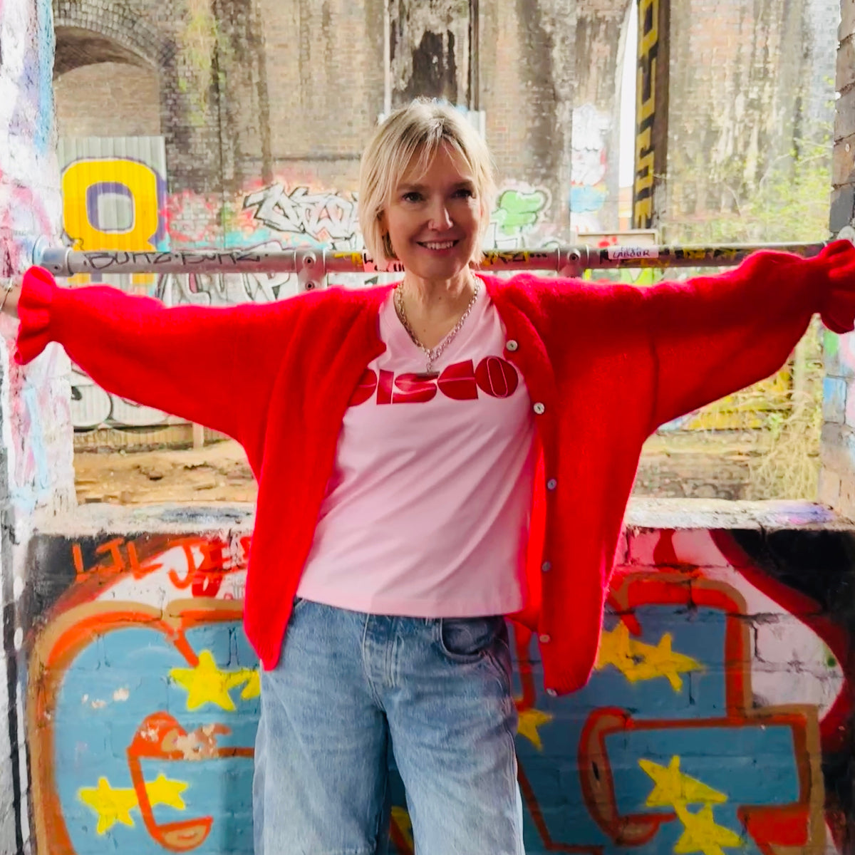 Pink  Vneck t-shirt with 'DISCO' printed in red Disko Kids 