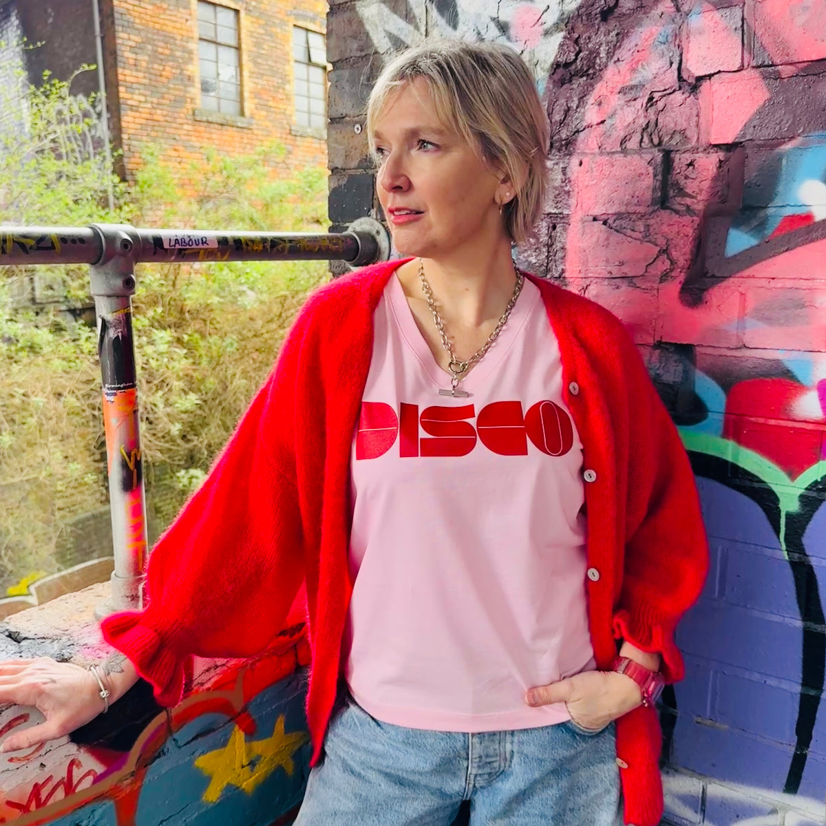 Pink  Vneck t-shirt with 'DISCO' printed in red Disko Kids 