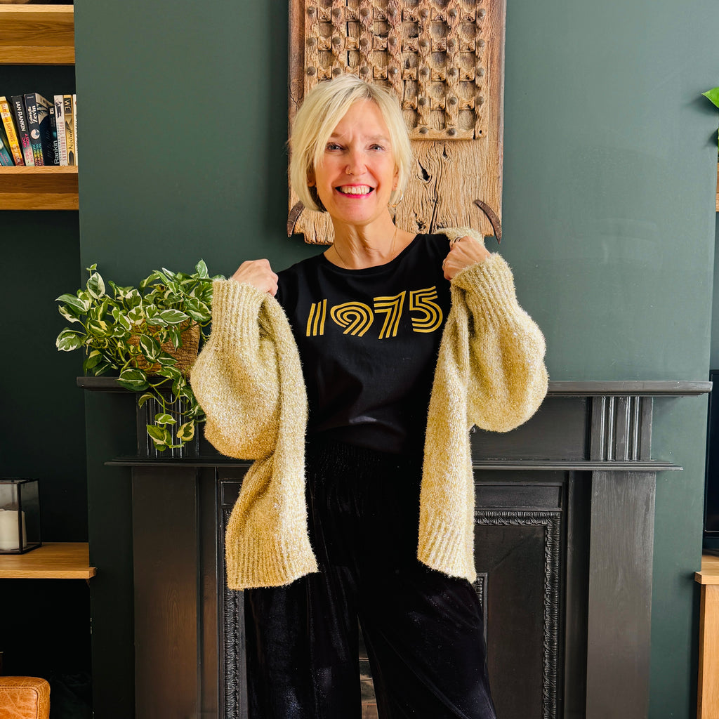 Gold Sparkly Knitted Cardigan disko kids 1975 tshirt