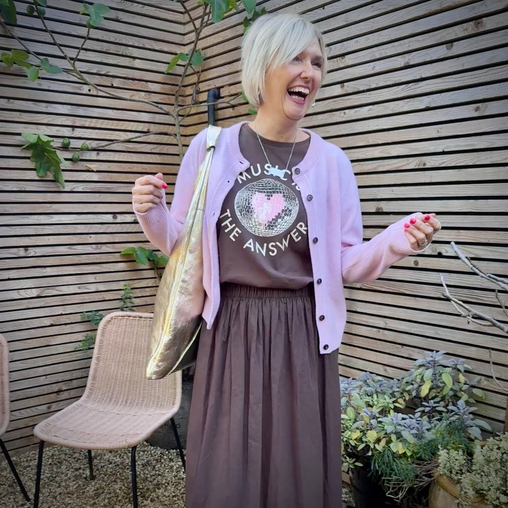 music is the answer disco ball tshirt brown and chocolate brown skirt