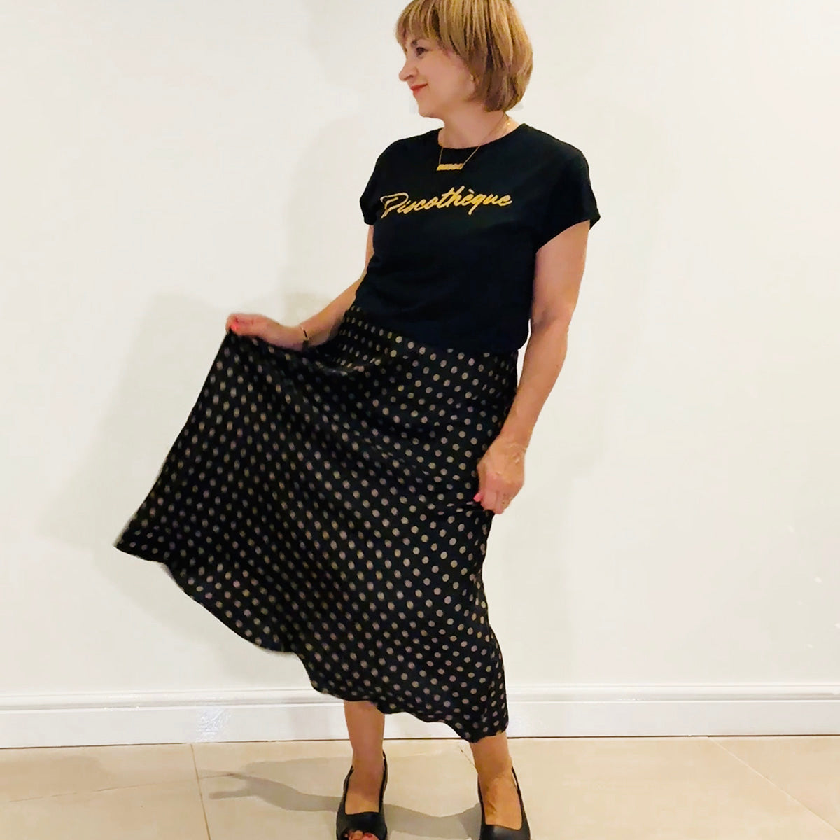 satin polka dot black & gold skirt. spot skirts - skirts for autumn