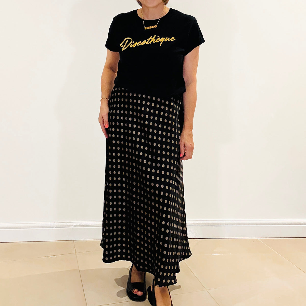 satin polka dot black & gold skirt. spot skirts - skirts for autumn