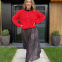 Red Mohair red cardigan with metallic rainbow a line skirt