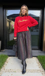 red sweatshirt with gold 'discotheque' writing and a metallic stripe rainbow skirt