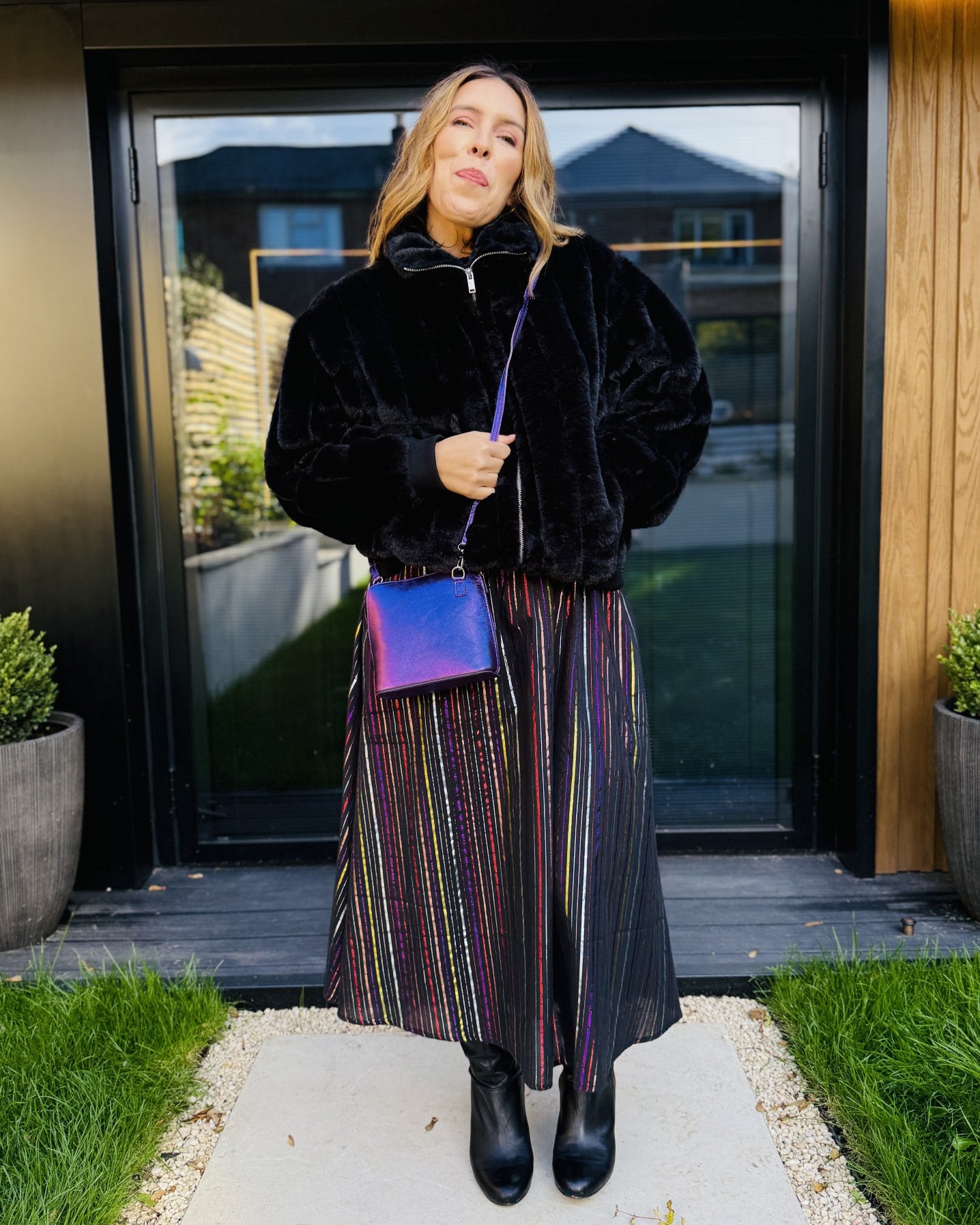 Crossover body bag purple metallic shown with party outfit