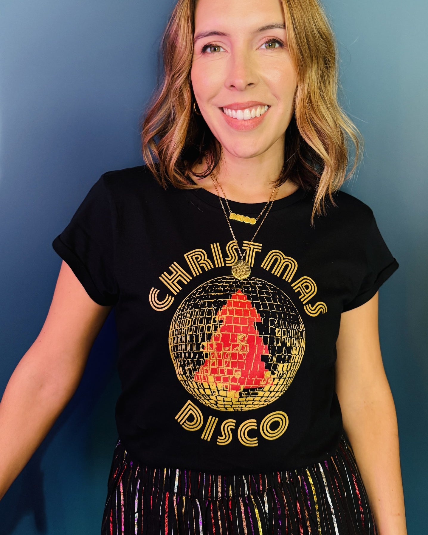 Christmas Disco Tshirt Womenswear party gold and red design