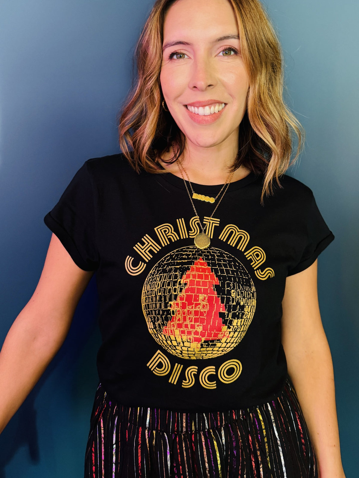 Christmas Disco Tshirt Womenswear party gold and red design