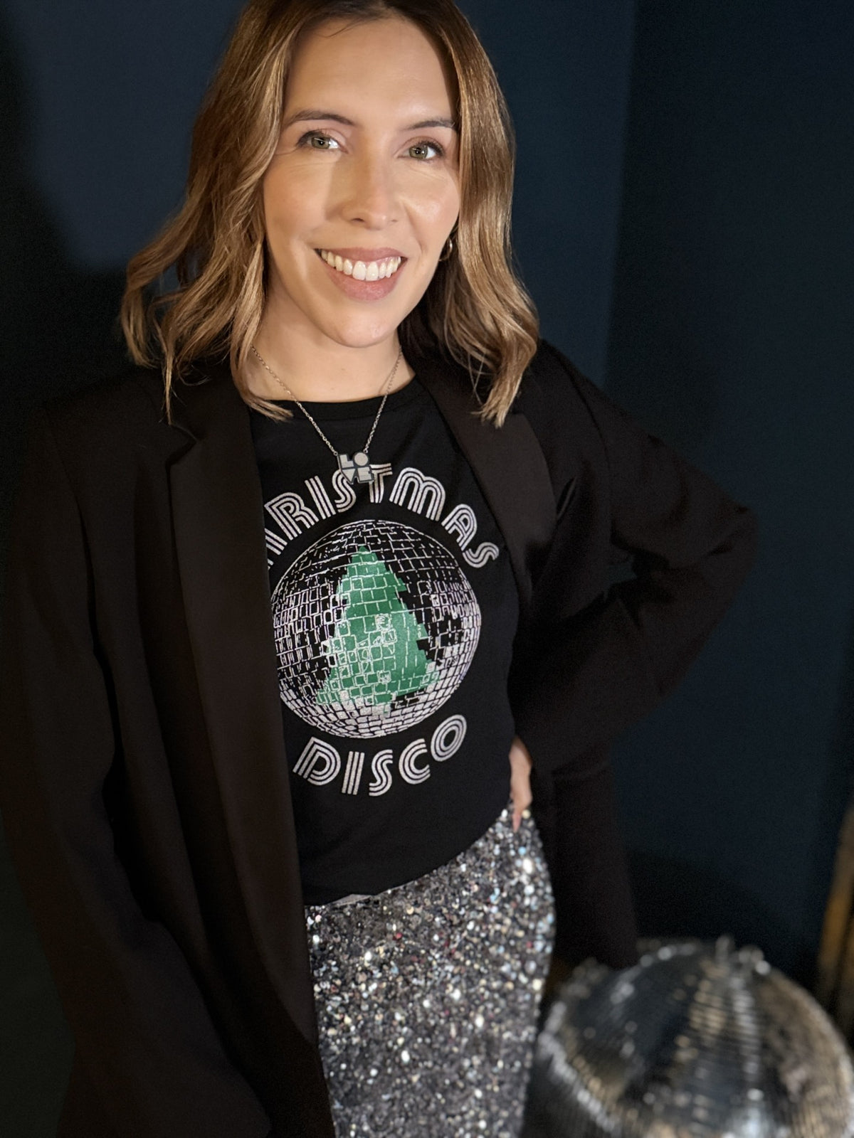 Christmas Disco tshirt silver and green design with a silver sequin skirt and black blazer