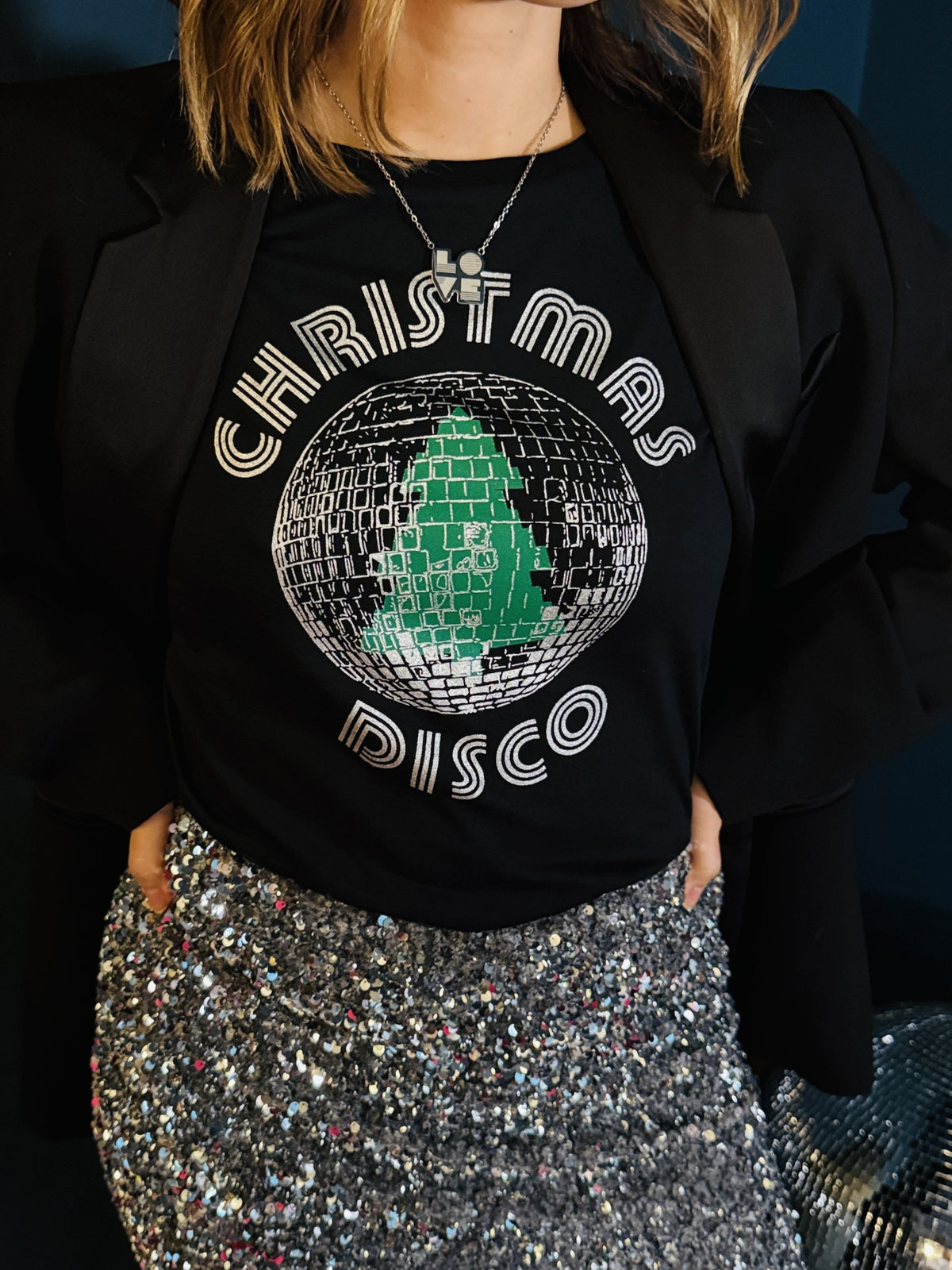 Christmas Disco Tshirt design in metallic silver and green, silver sequin skirt partywear