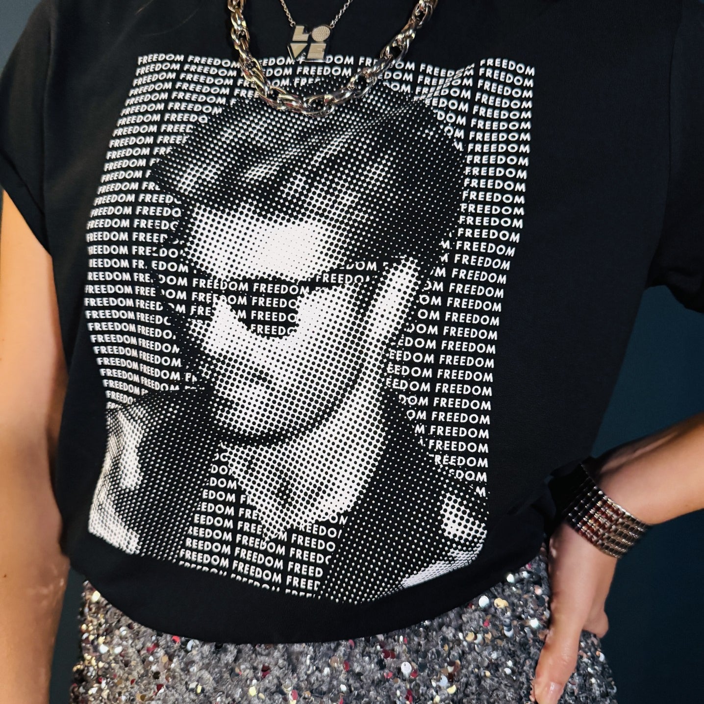 george michael dot tshirt with silver skirt - partywear