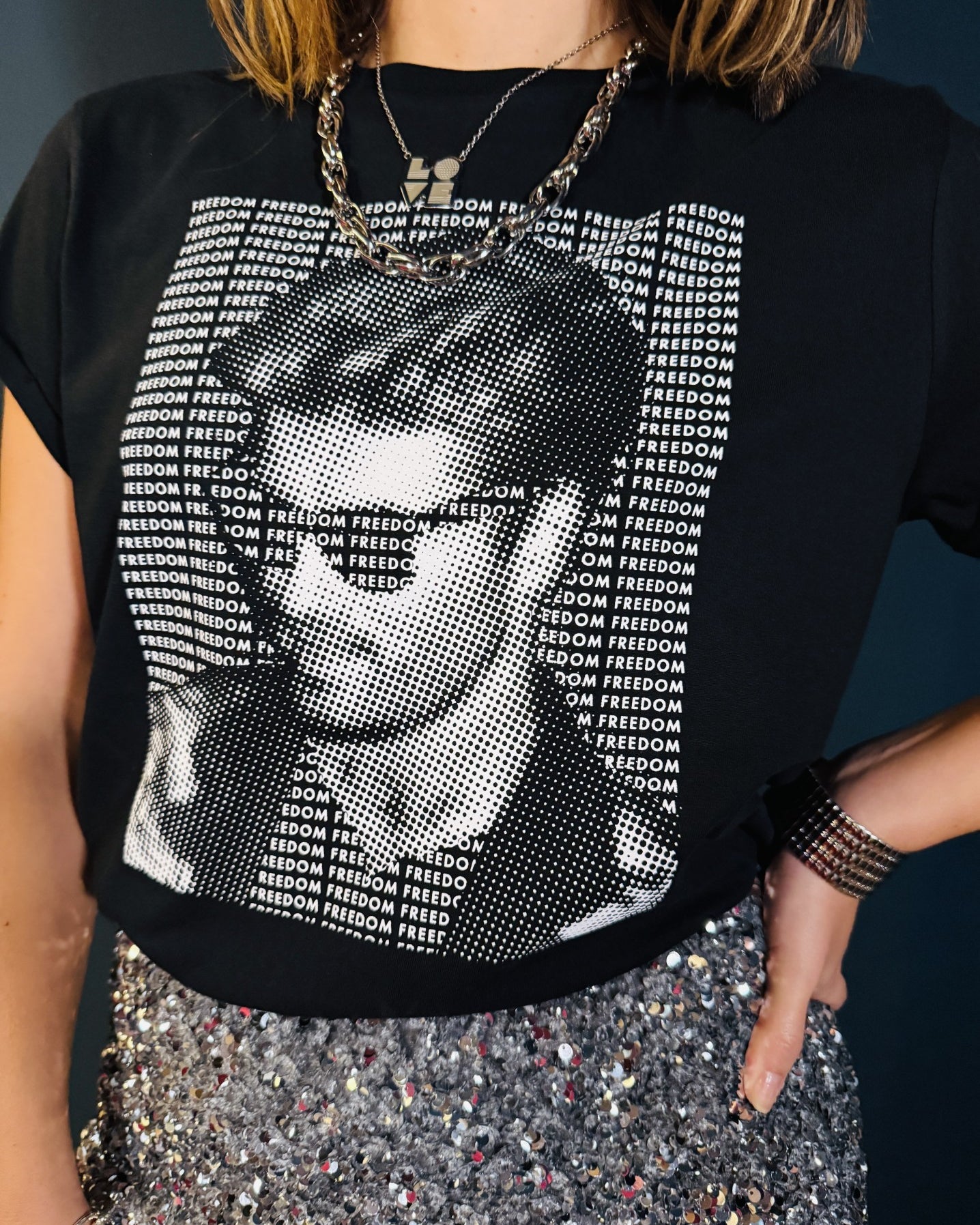 george michael dot tshirt with silver skirt - partywear