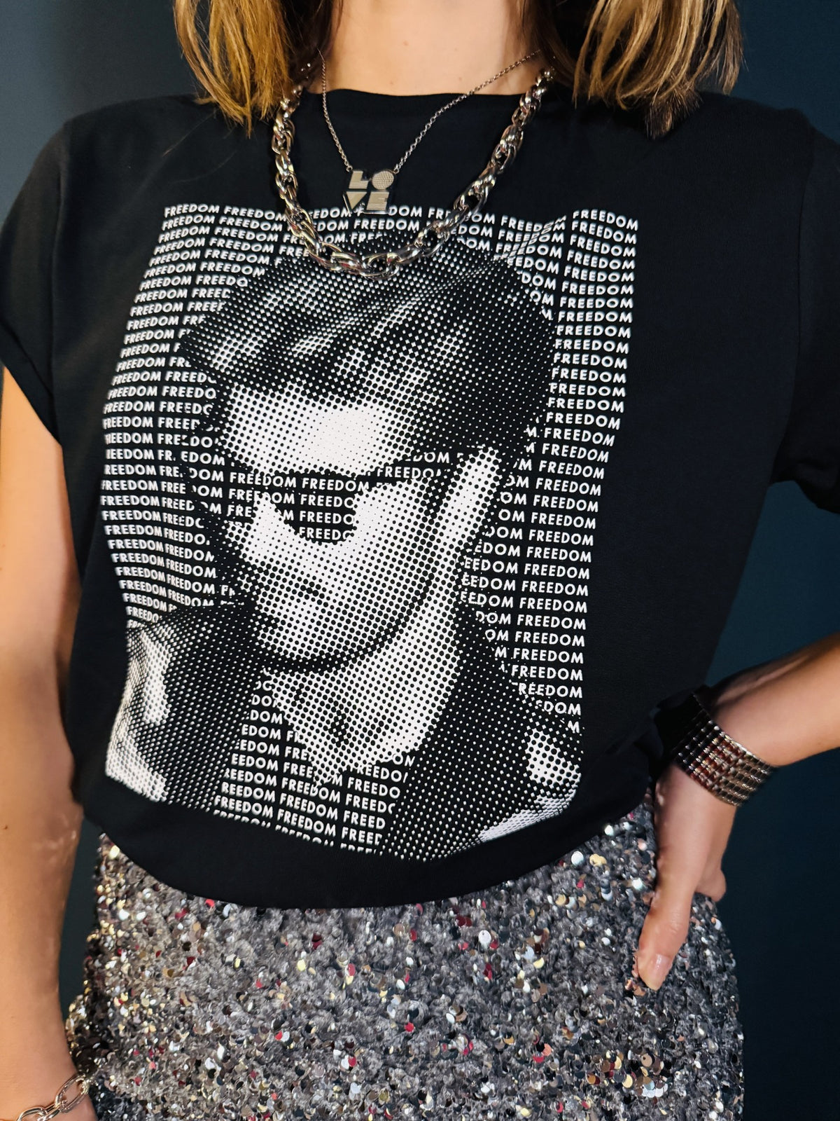 george michael dot tshirt with silver skirt - partywear