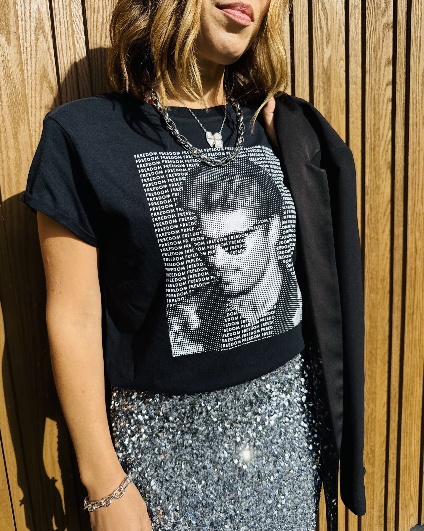 George michael dot tshirt with silver skirt - partywear Christmas outfit