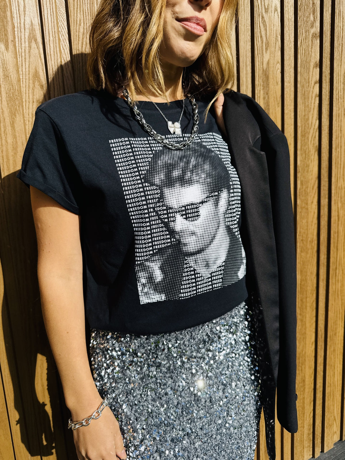 George michael dot tshirt with silver skirt - partywear Christmas outfit