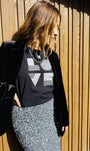 black rolled sleeve tshirt with love graphic and disco ball and silver sequin pencil skirt