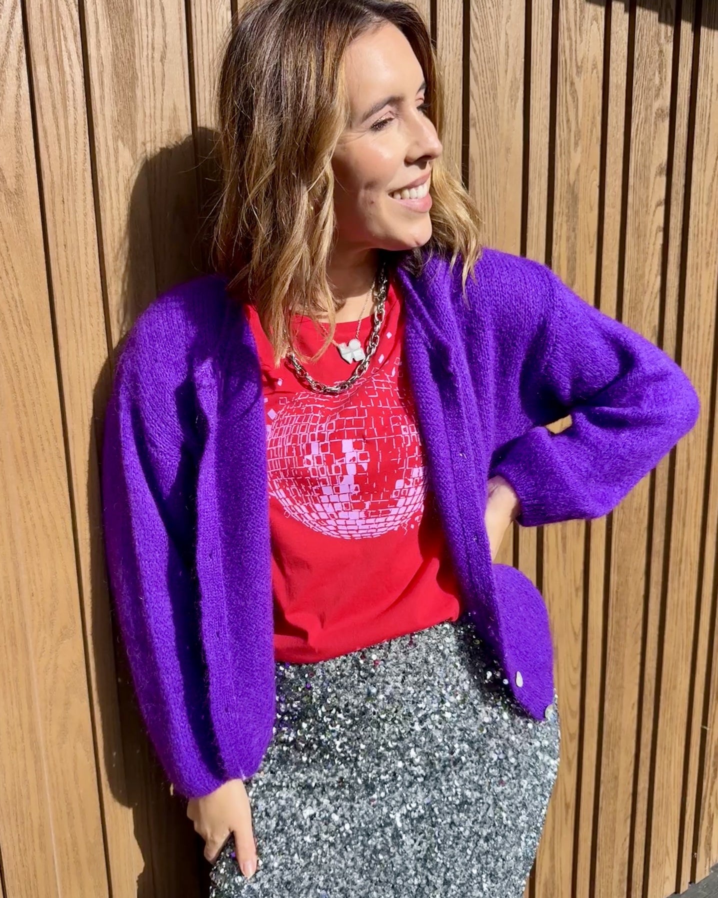 purple mohair cardigan with silver sequin skirt and disco down disco ball tshirt design