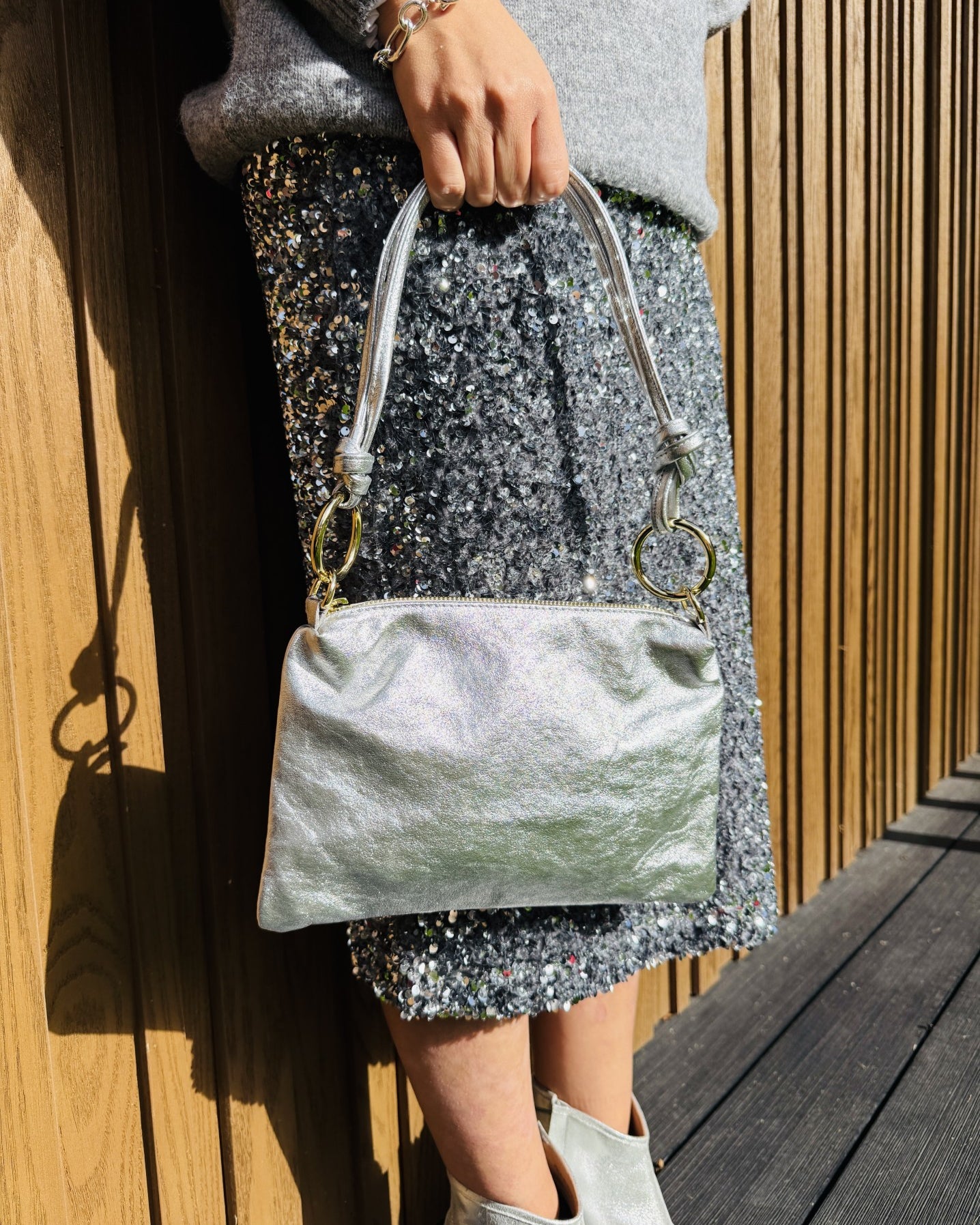 silver metallic leather shoulder bag christmas party