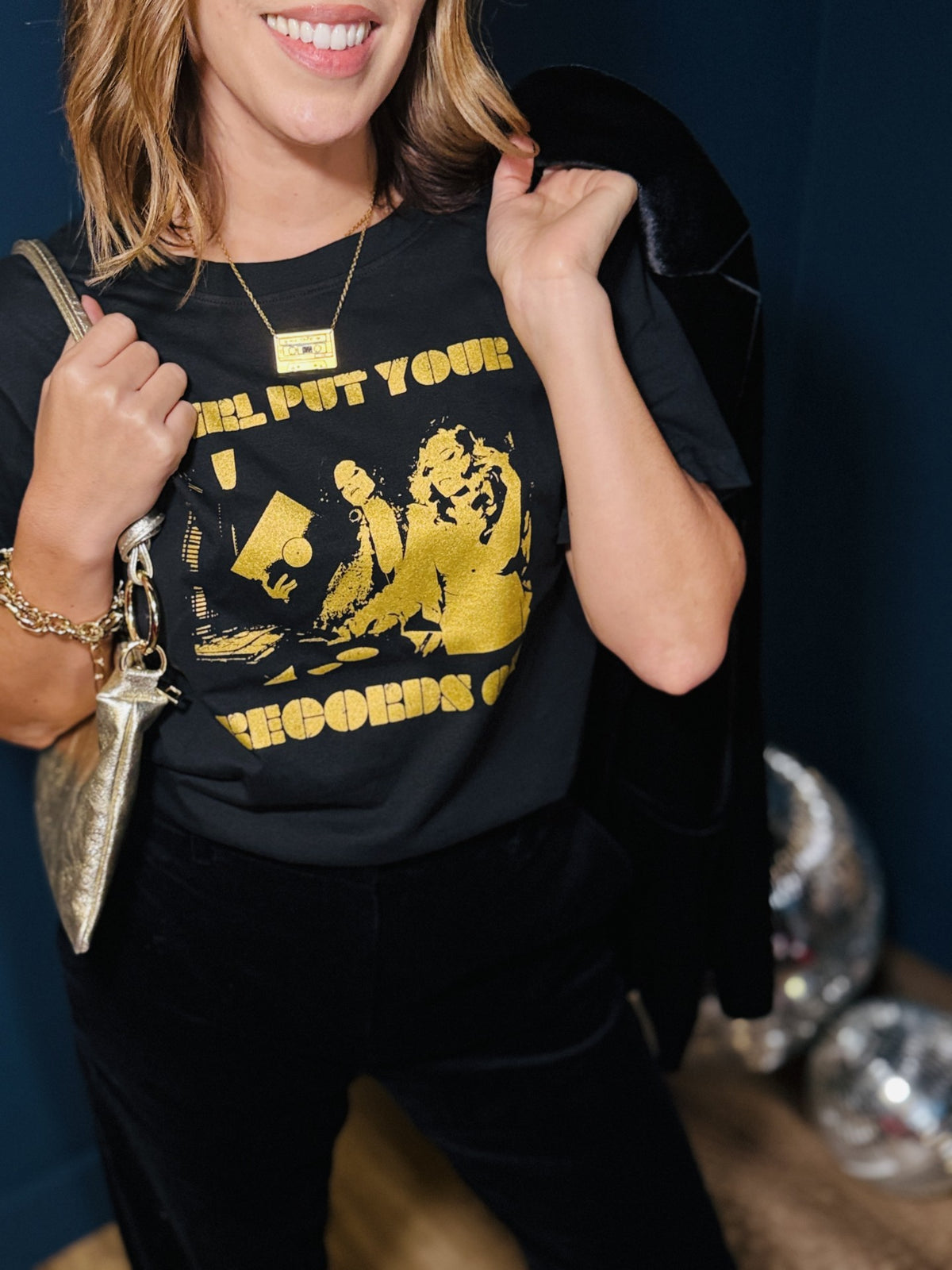 girl put your records on black tshirt christmas outfit