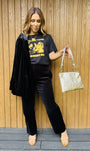 girl put your records on black tshirt party wear 