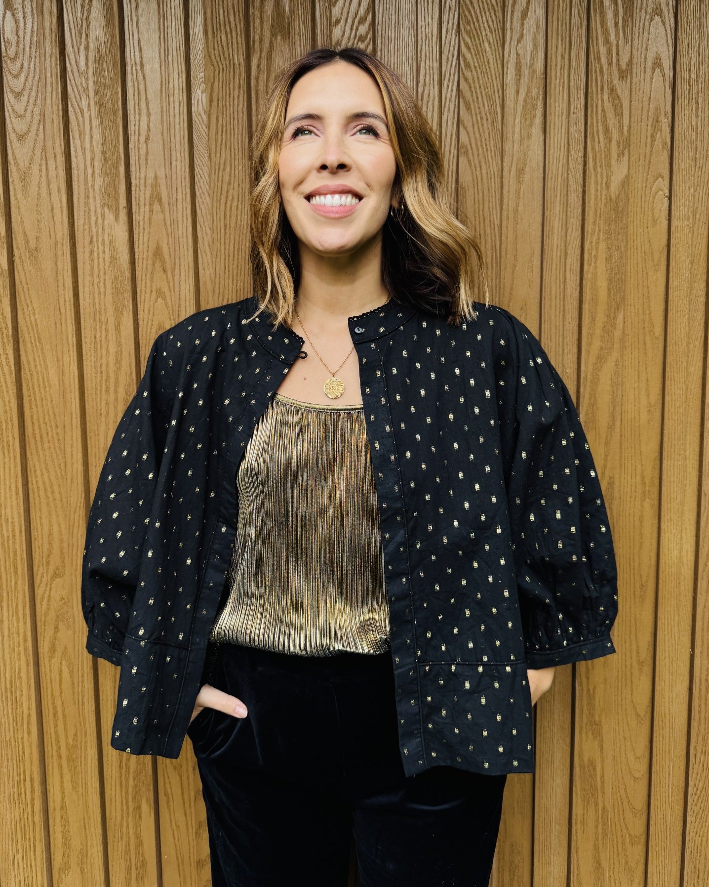 Black and gold reversible metallic jacket womenswear disko kids