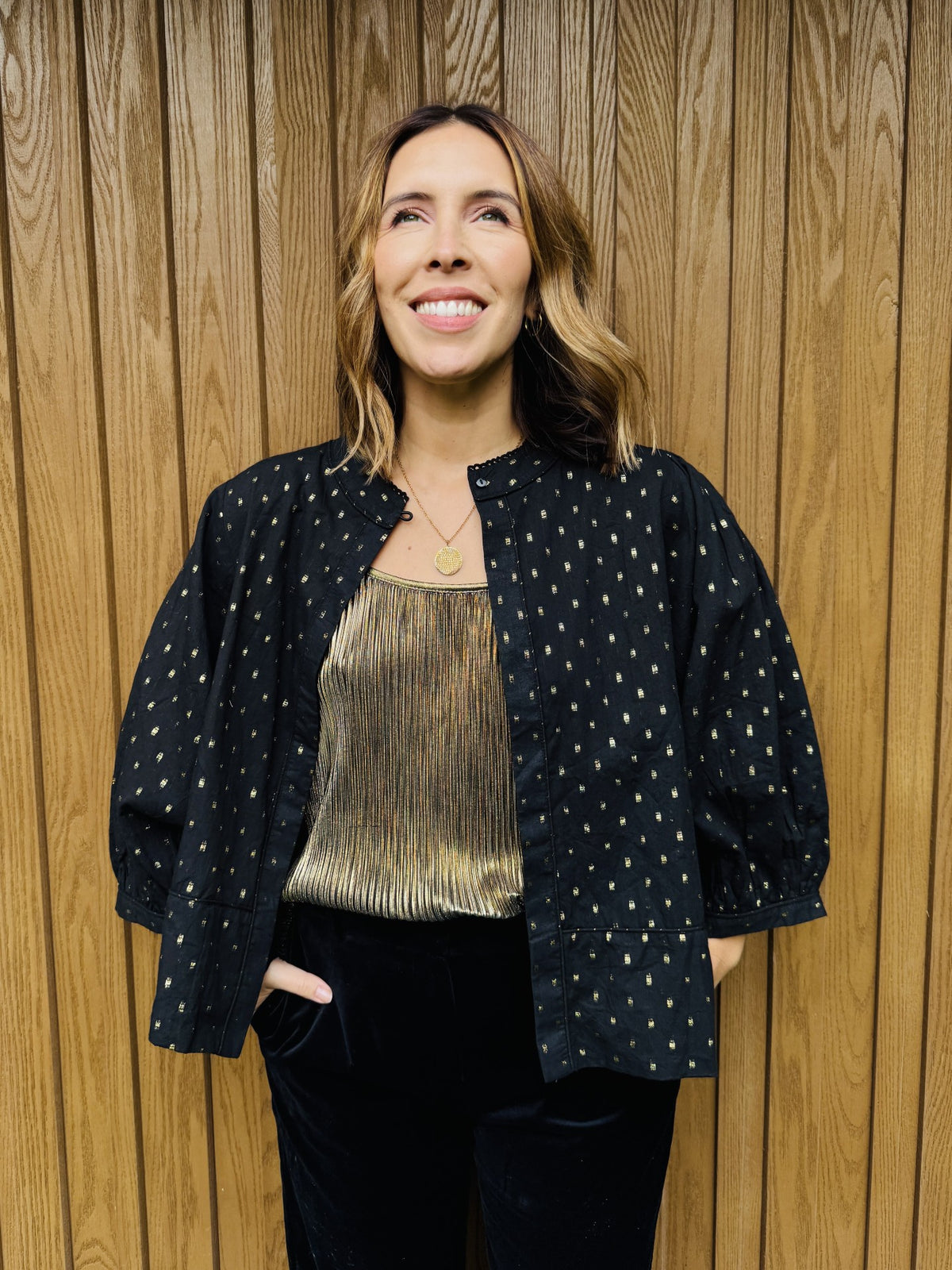 Black and gold reversible metallic jacket womenswear disko kids