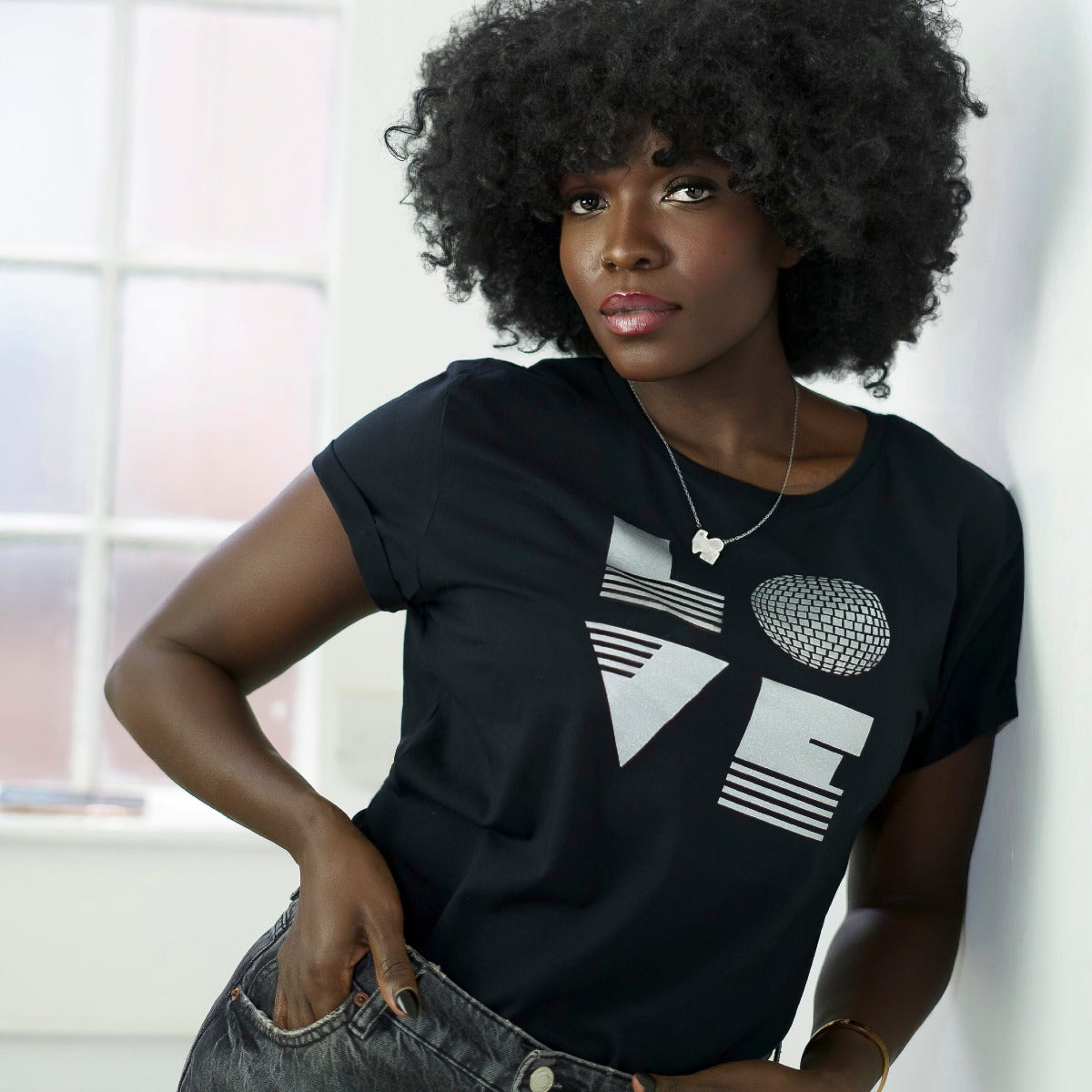 Womens black tshirt with silver 'LOVE' disco ball print - Disko Kids