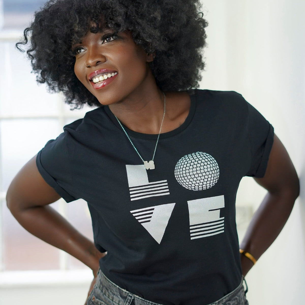 Womens black tshirt with silver 'LOVE' disco ball print - Disko Kids