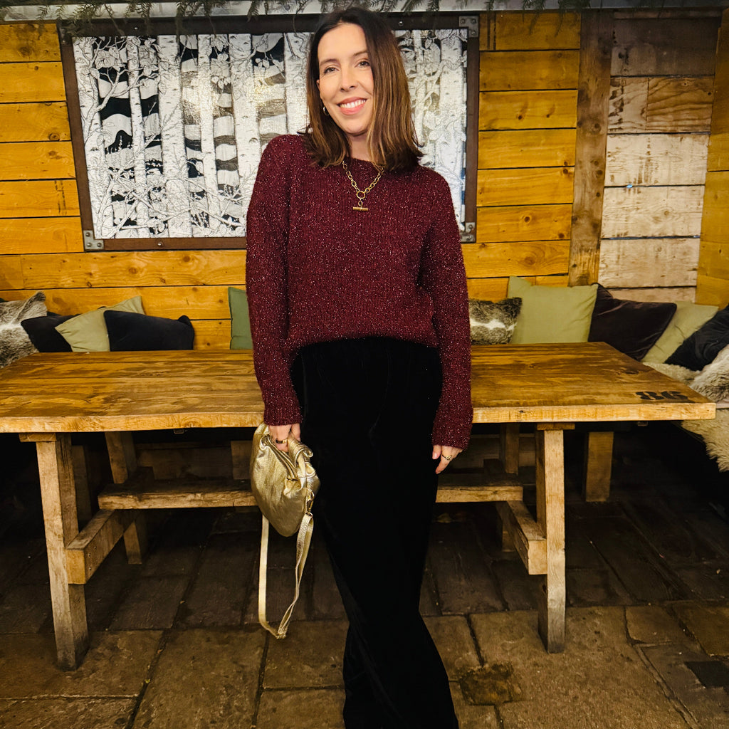 Black Disko Kids velvet trousers with side stripe and Burgundy Sparkly Jumper