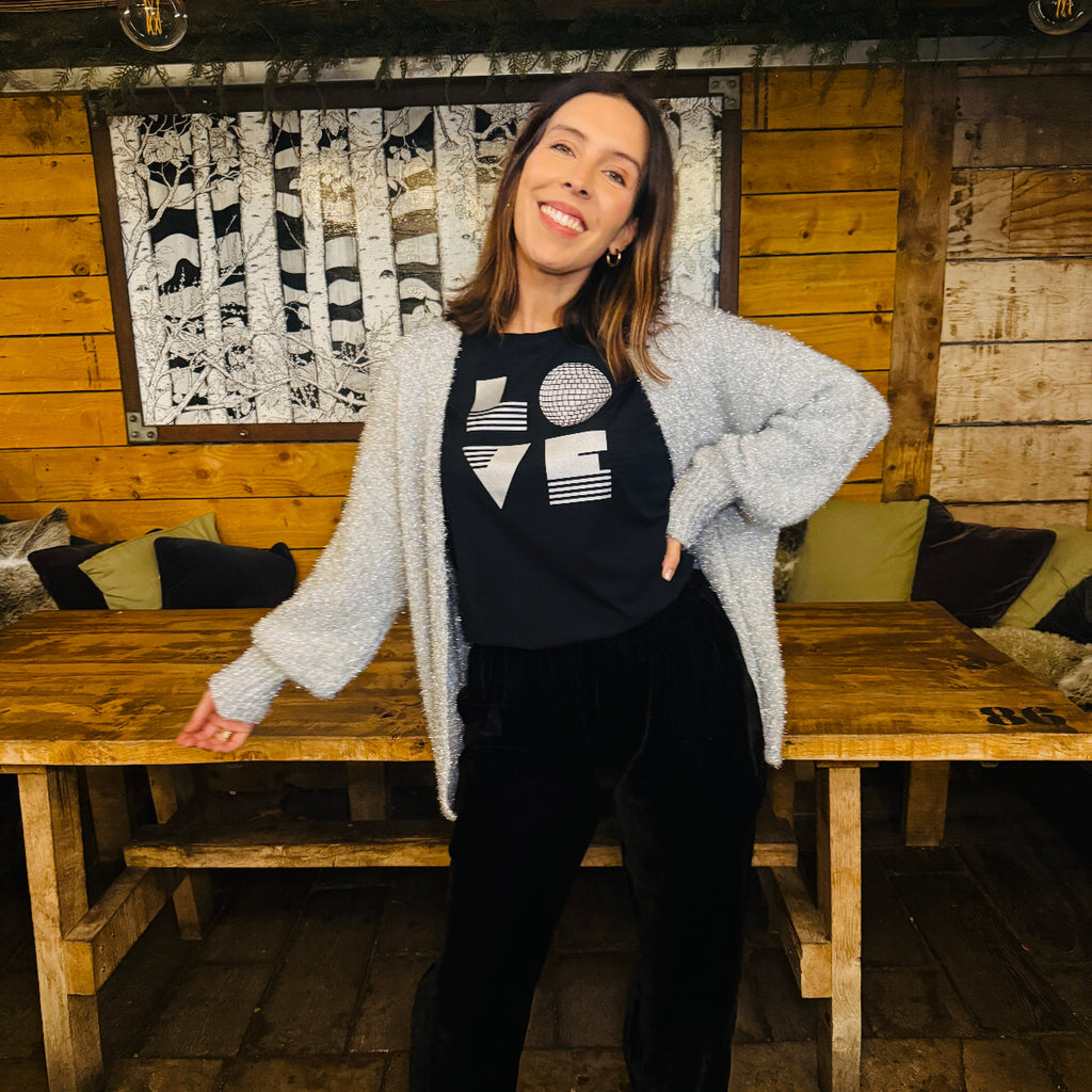 Womens black tshirt with silver 'LOVE' disco ball print - Disko Kids