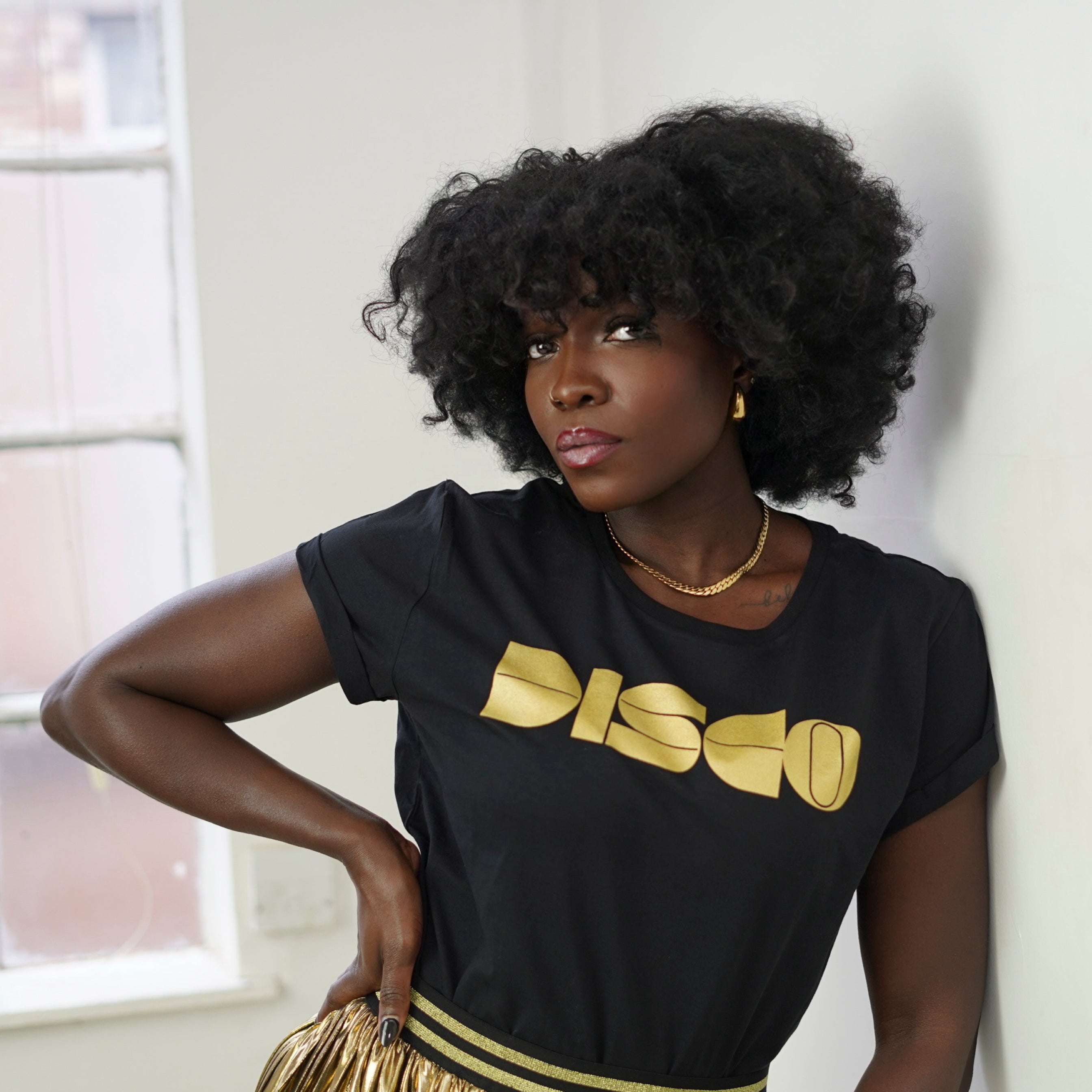 Womens black t-shirt with gold 'DISCO' print - Disko Kids