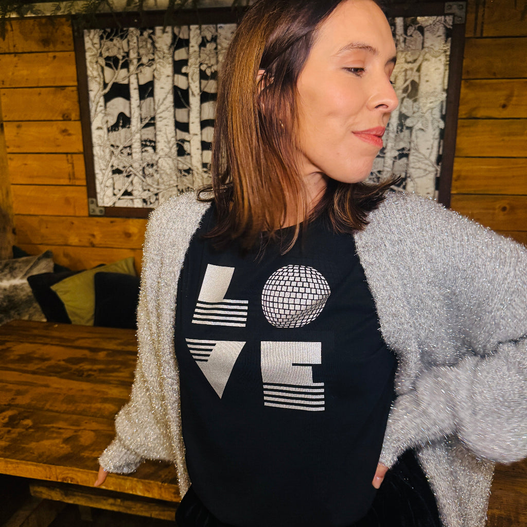 Womens black tshirt with silver 'LOVE' disco ball print - Disko Kids