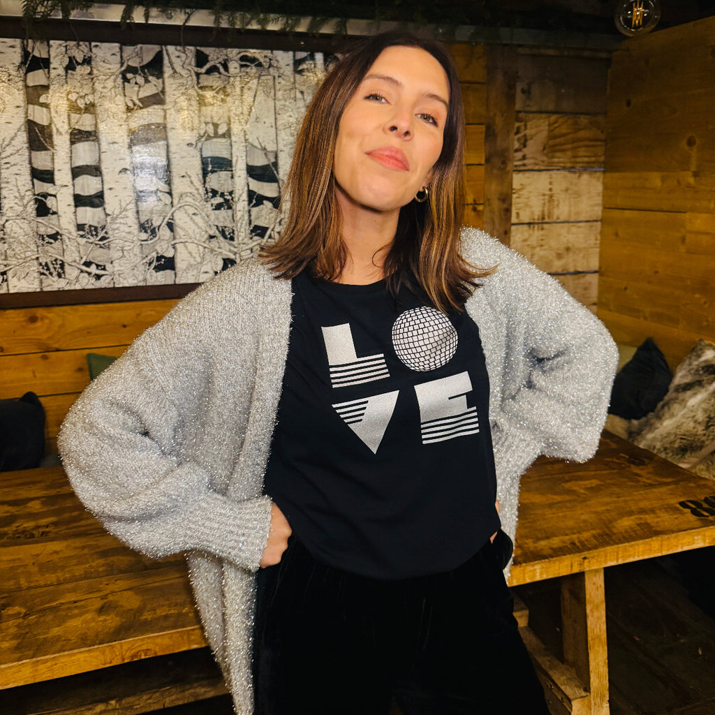 Womens black tshirt with silver 'LOVE' disco ball print - Disko Kids