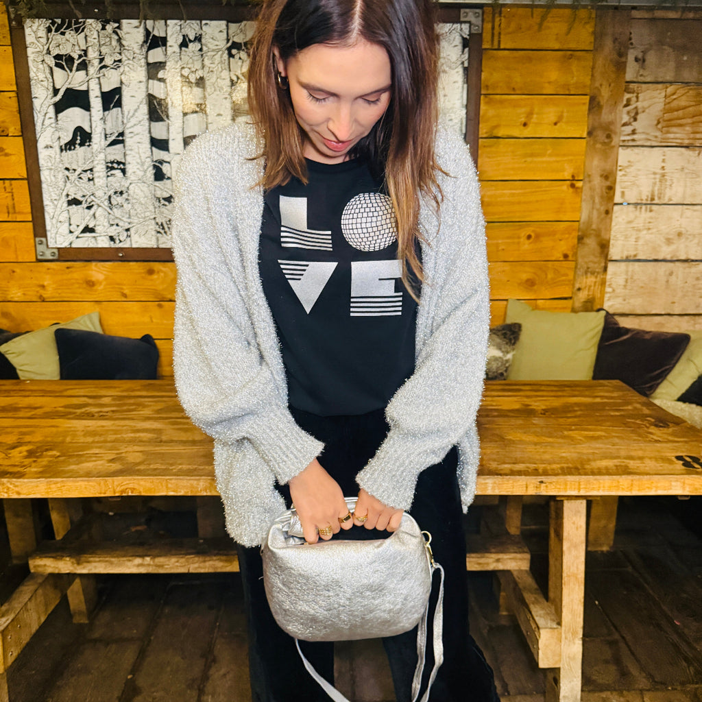 Silver leather handbag with knotted handle hobo bag - Disko Kids