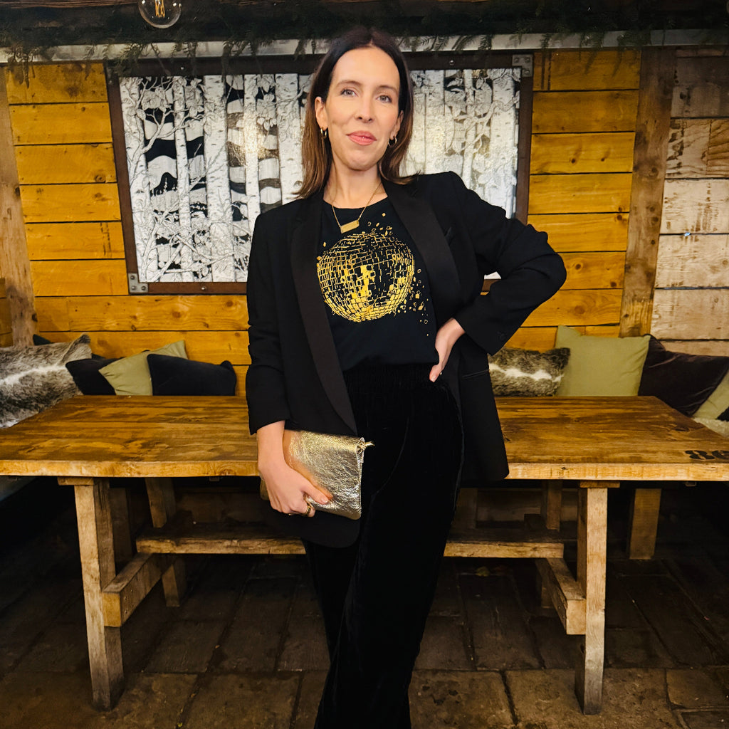 Womens black tshirt with gold discoball design - Disko Kids