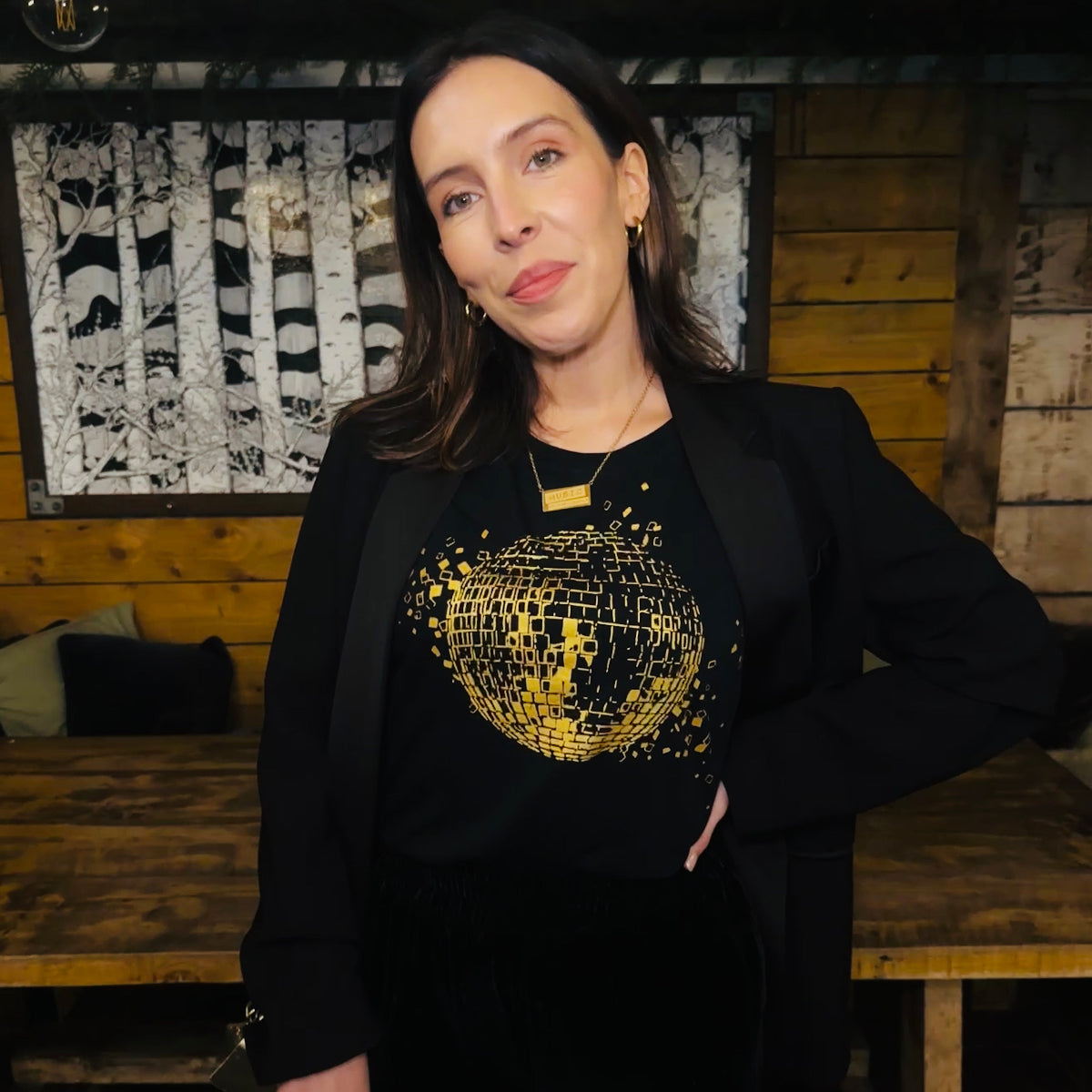 Womens black tshirt with gold discoball design - Disko Kids