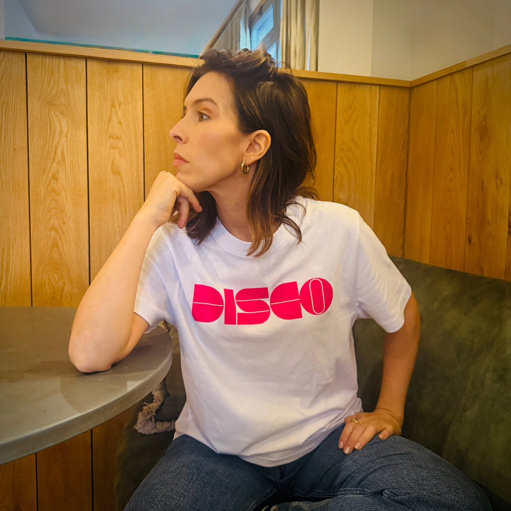 White T-shirt with Pink Retro DISCO design - DIsko Kids