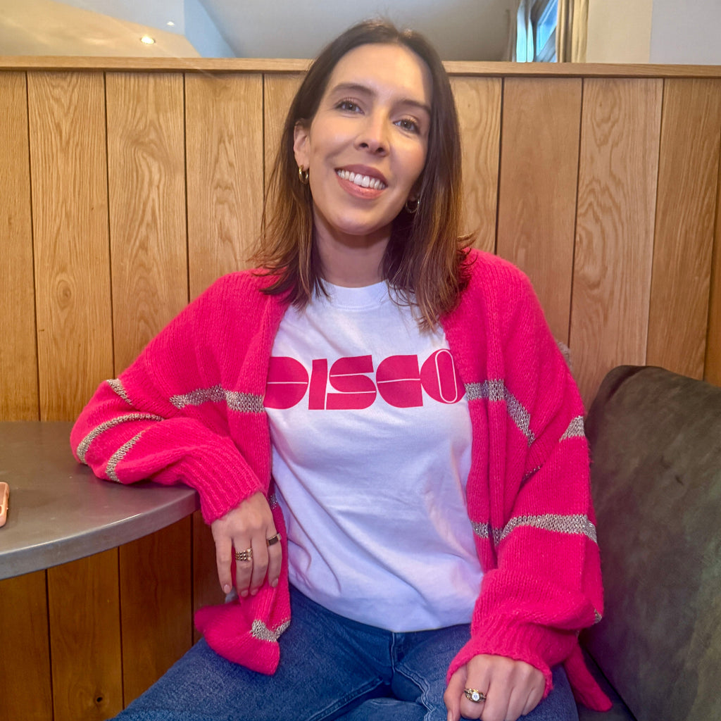 White T-shirt with Pink Retro DISCO design - DIsko Kids