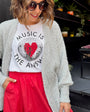 Womens white t-shirt with 'Music is the Answer' text around a black discoball red heart - Disko Kids