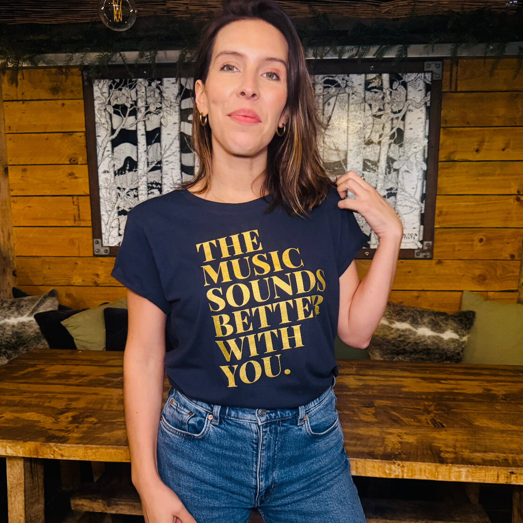 The Music Sounds Better Navy Womens Tshirt Gold Disko Kids