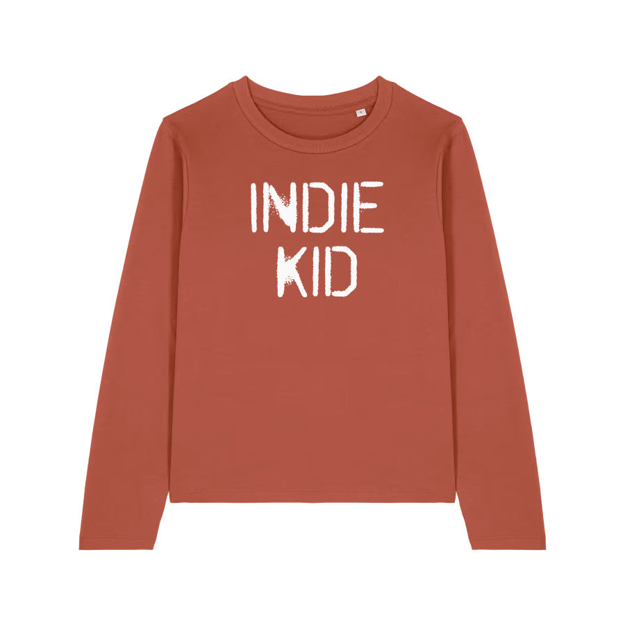 Brown long-sleeve Tshirt with 'INDIE KID' white text on - Disko Kids