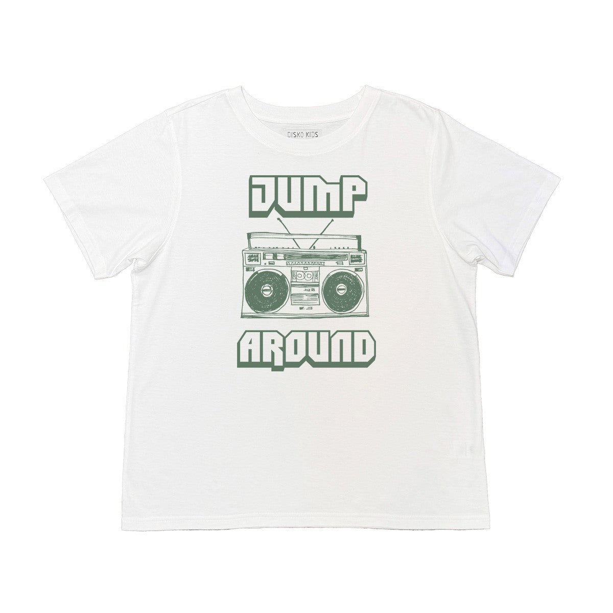 white tshirt jump around and boom box graphic desgin
