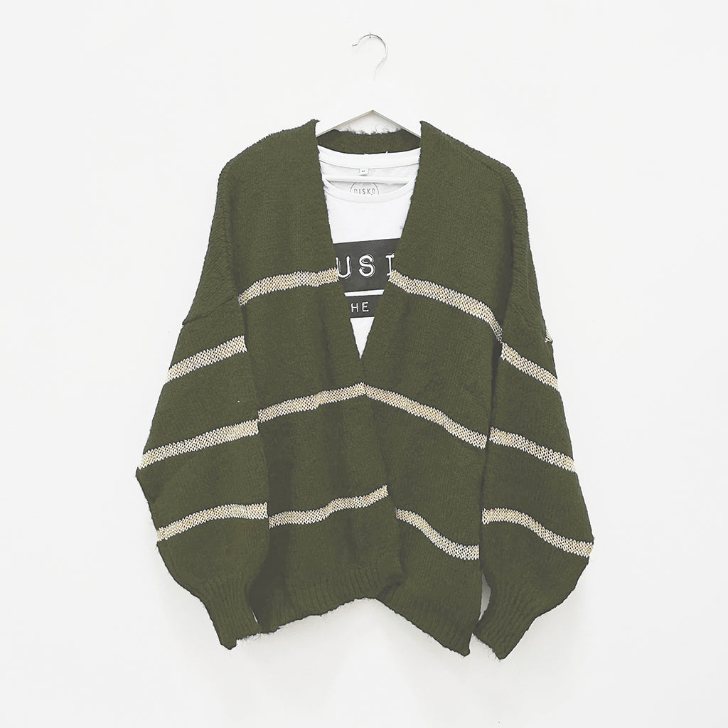 Khaki Disco Cardigan With Metallic Stripe - ONE SIZE